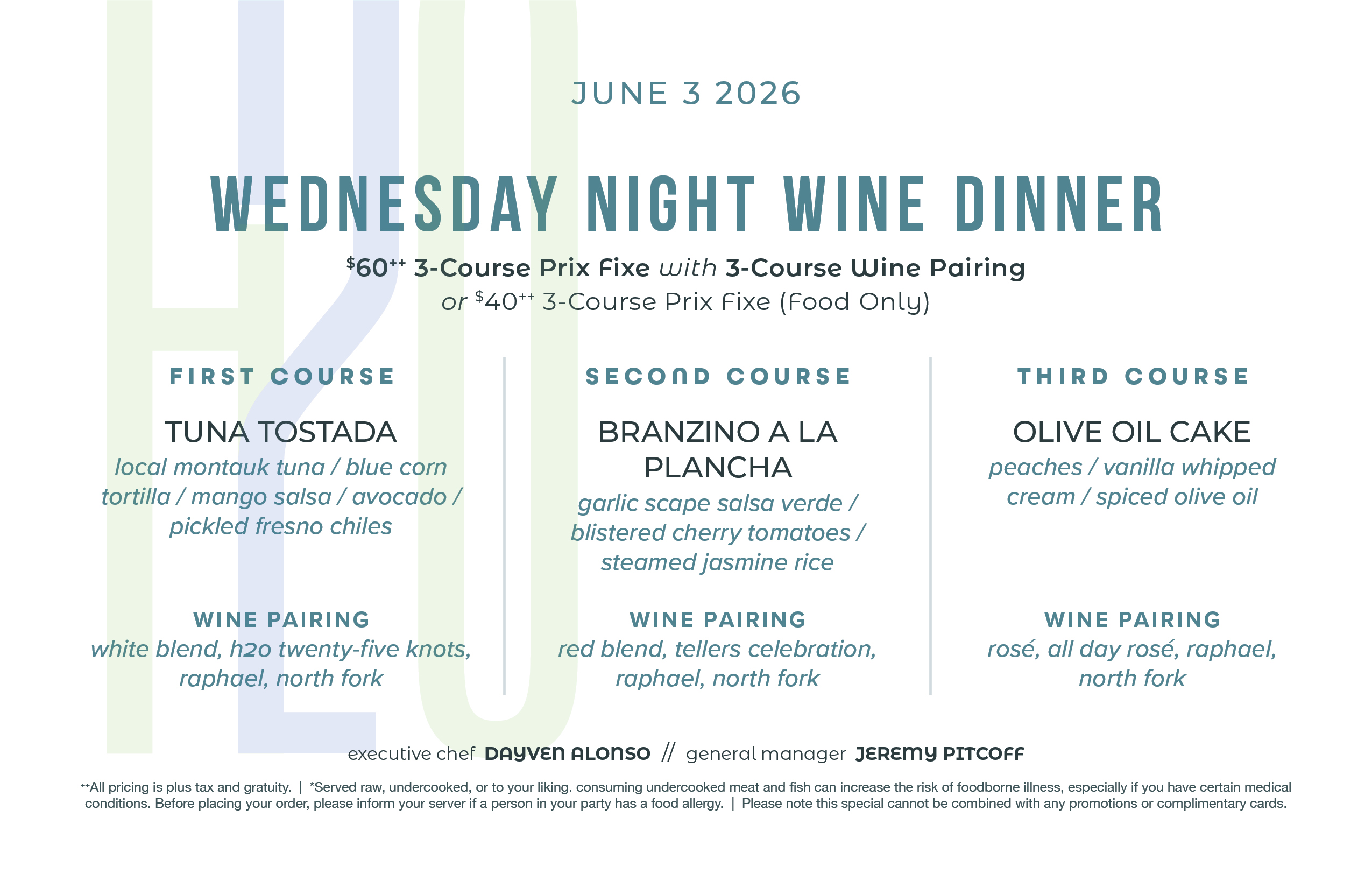 Wednesday Wine Dinner menu, call for details or to make a reservation.