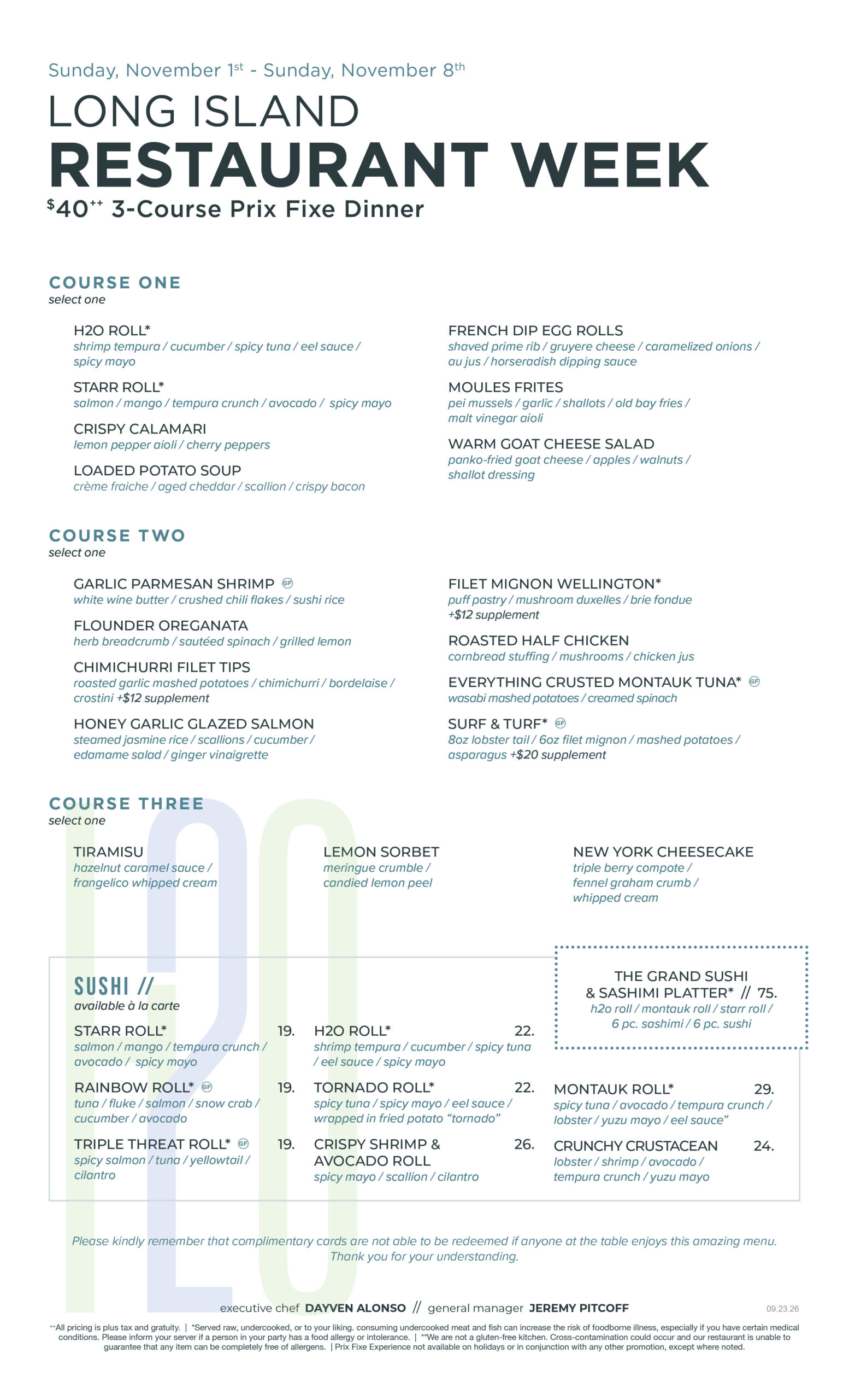 menu_h2o_lirw_fall2026 Long Island Restaurant Week at H2O; call for details or to reserve.